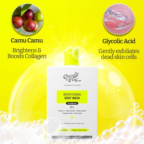 Chemist at Play Brightening Body Wash | Glowing Skin Vitamin C Bodywash | Helps to Reduce Fades Dark Spots, Evens out Skin Tone | Alpha Arbutin | 30X Vitamin C with Camu Camu | For Women & Men | 236ml